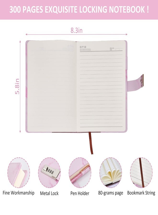 IFINTECHNO Diary Gift Set, Marble PU Leather 300 Pages Journals for Writing, Drawing Notebook with Lock Includes Combination Lock, Double Layer Pencil Pouch, Bracelet, Diamond Pen - Image 4